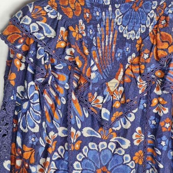 Farm Rio Pineapple Flowers High Neck Ruffles & Lace Blouse, EUC, size Small - Picture 5 of 13